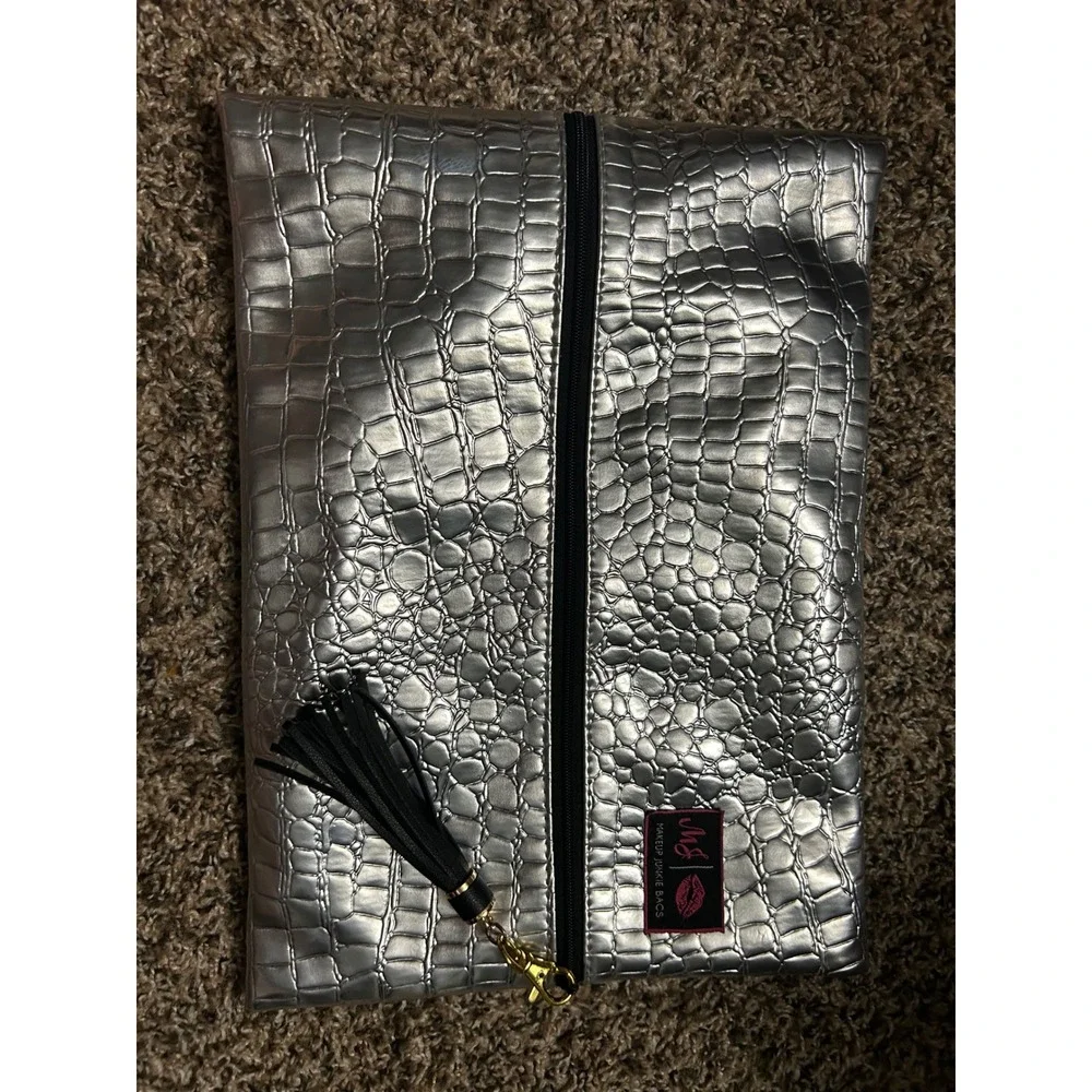 Makeup Junkie Bags Silver Metallic Croc Embossed Large Cosmetic Bag Tassel